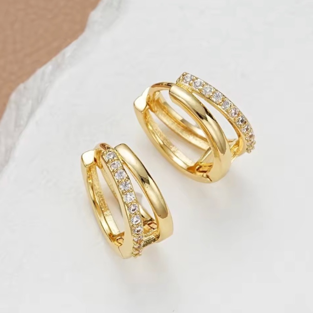 Gold Crystal Double-Band Hoop Earrings. - Picture 2 of 3